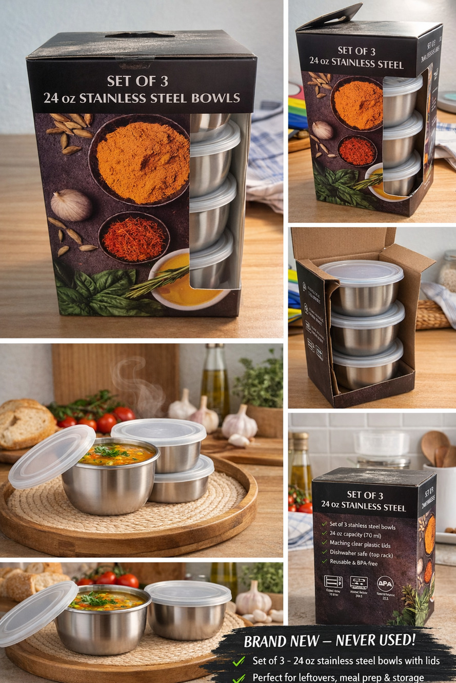 Set of 3 Stainless Steel Bowls – 24 oz Each (With Lids)